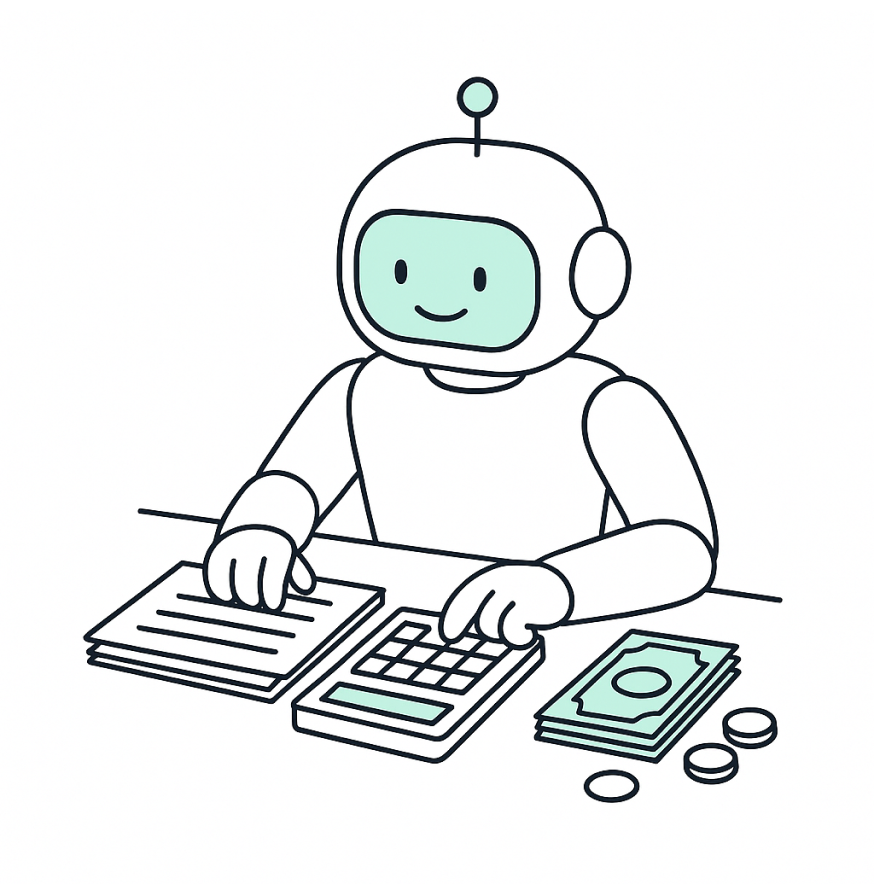 Robot financial assistant at a desk